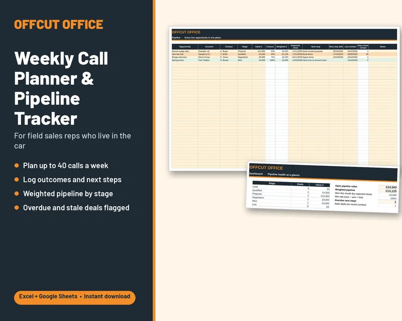Weekly Call Planner and Pipeline Tracker: week planner and pipeline sheets